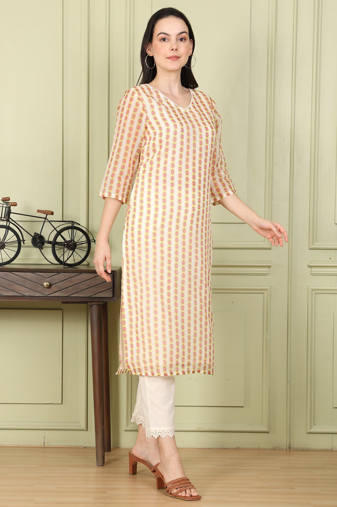 W for Woman White Floral Printed Straight Kota Kurta, Pants And Dupatta Set