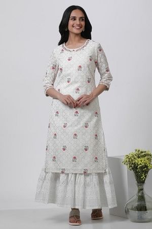 W for Woman Ecru Floral Printed And Embroidered Festive Kurta