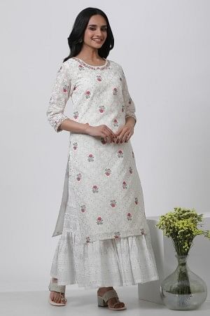 W for Woman Ecru Floral Printed And Embroidered Festive Kurta