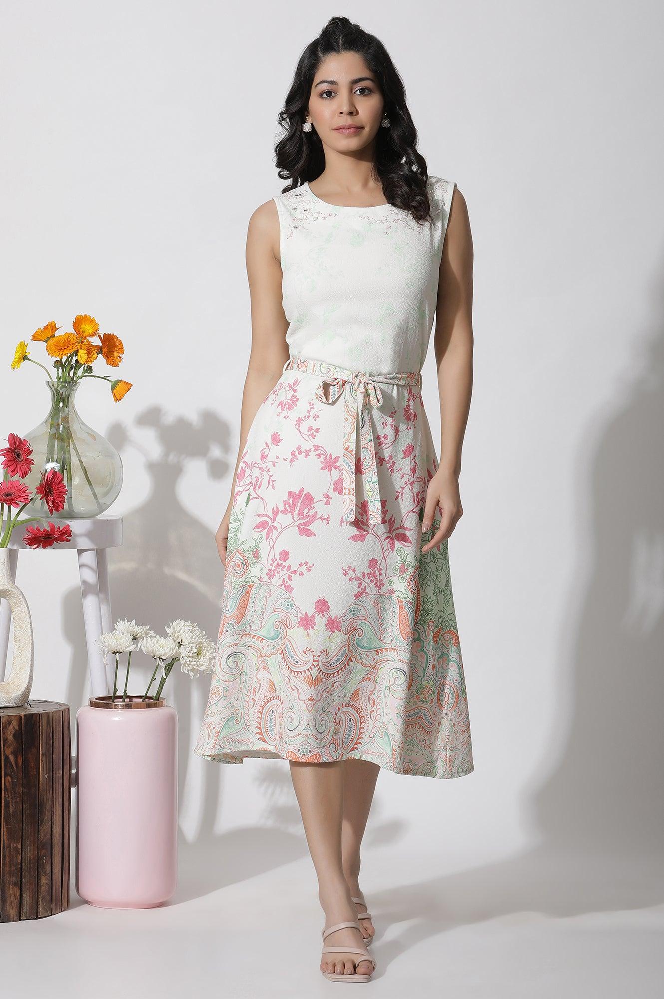 W for Woman White Textured Crepe Dress In Multi-Coloured Print  Grab2Buy WforWoman Grab2Buy