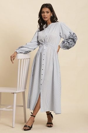 W for Woman White And Blue Striped Embroidered Dress  Grab2Buy WforWoman Grab2Buy