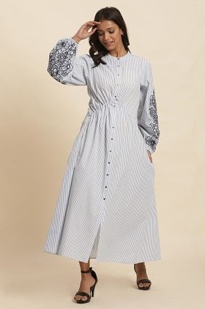 W for Woman White And Blue Striped Embroidered Dress  Grab2Buy WforWoman Grab2Buy