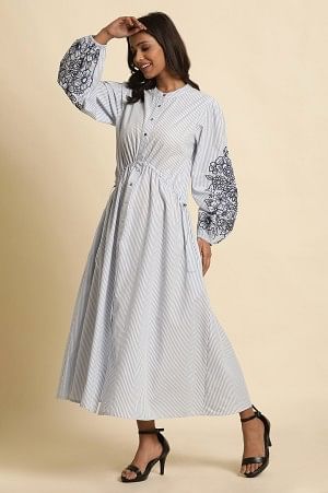 W for Woman White And Blue Striped Embroidered Dress  Grab2Buy WforWoman Grab2Buy