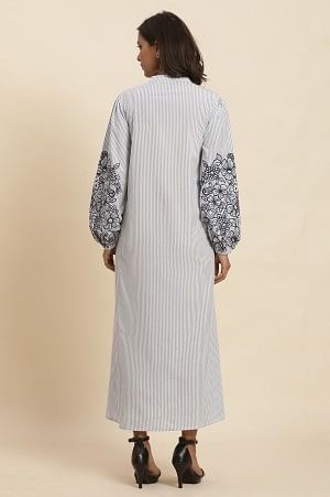W for Woman White And Blue Striped Embroidered Dress  Grab2Buy WforWoman Grab2Buy