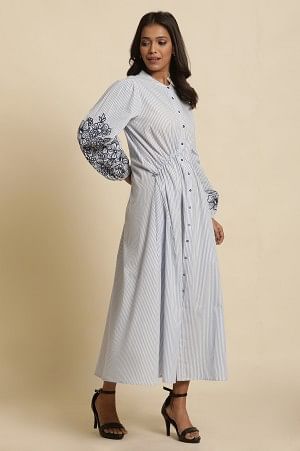 W for Woman White And Blue Striped Embroidered Dress  Grab2Buy WforWoman Grab2Buy