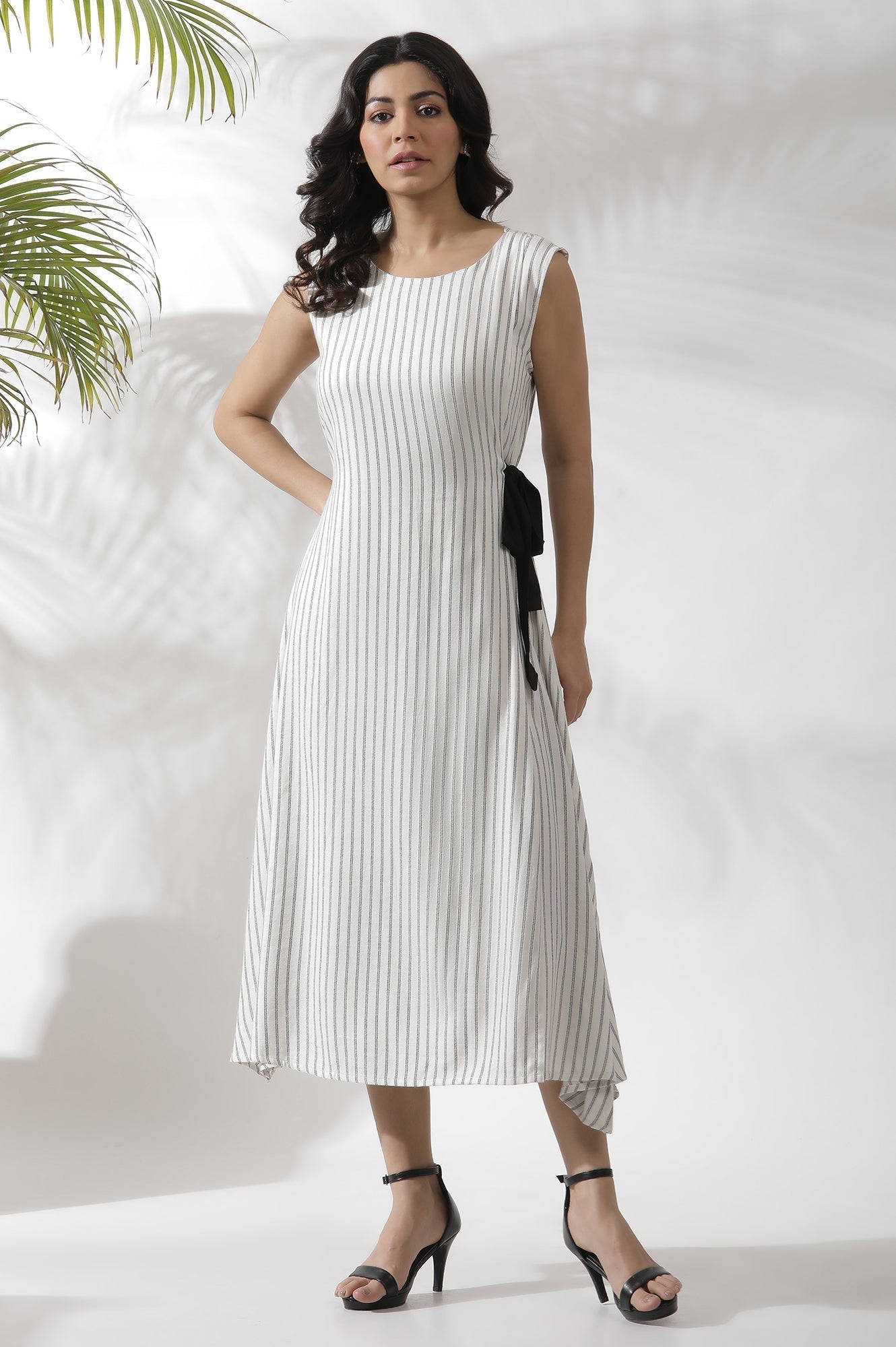 W for Woman White Sleeveless Long Stripe Printed Cotton Dress  Grab2Buy WforWoman Grab2Buy