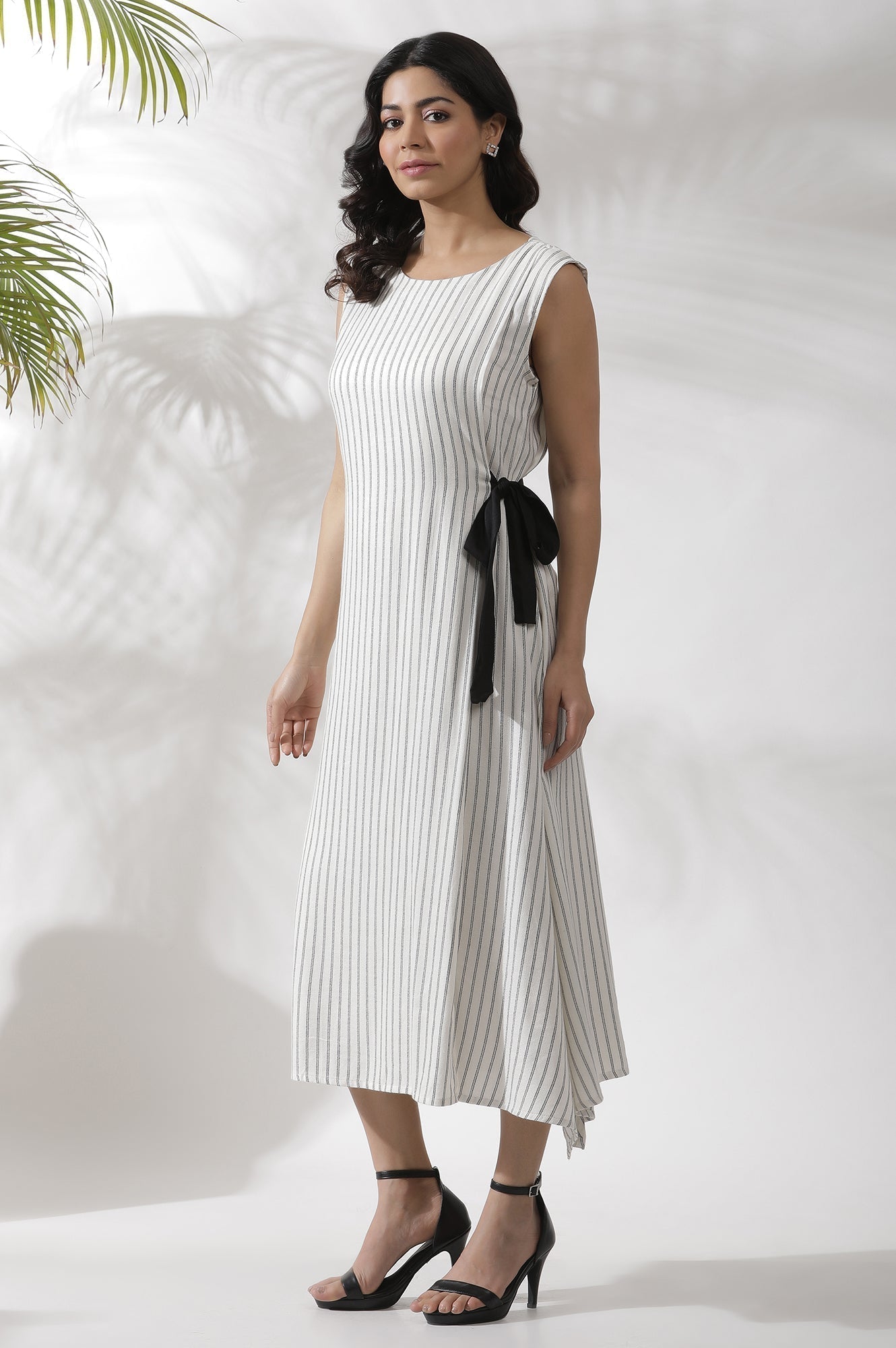 W for Woman White Sleeveless Long Stripe Printed Cotton Dress  Grab2Buy WforWoman Grab2Buy