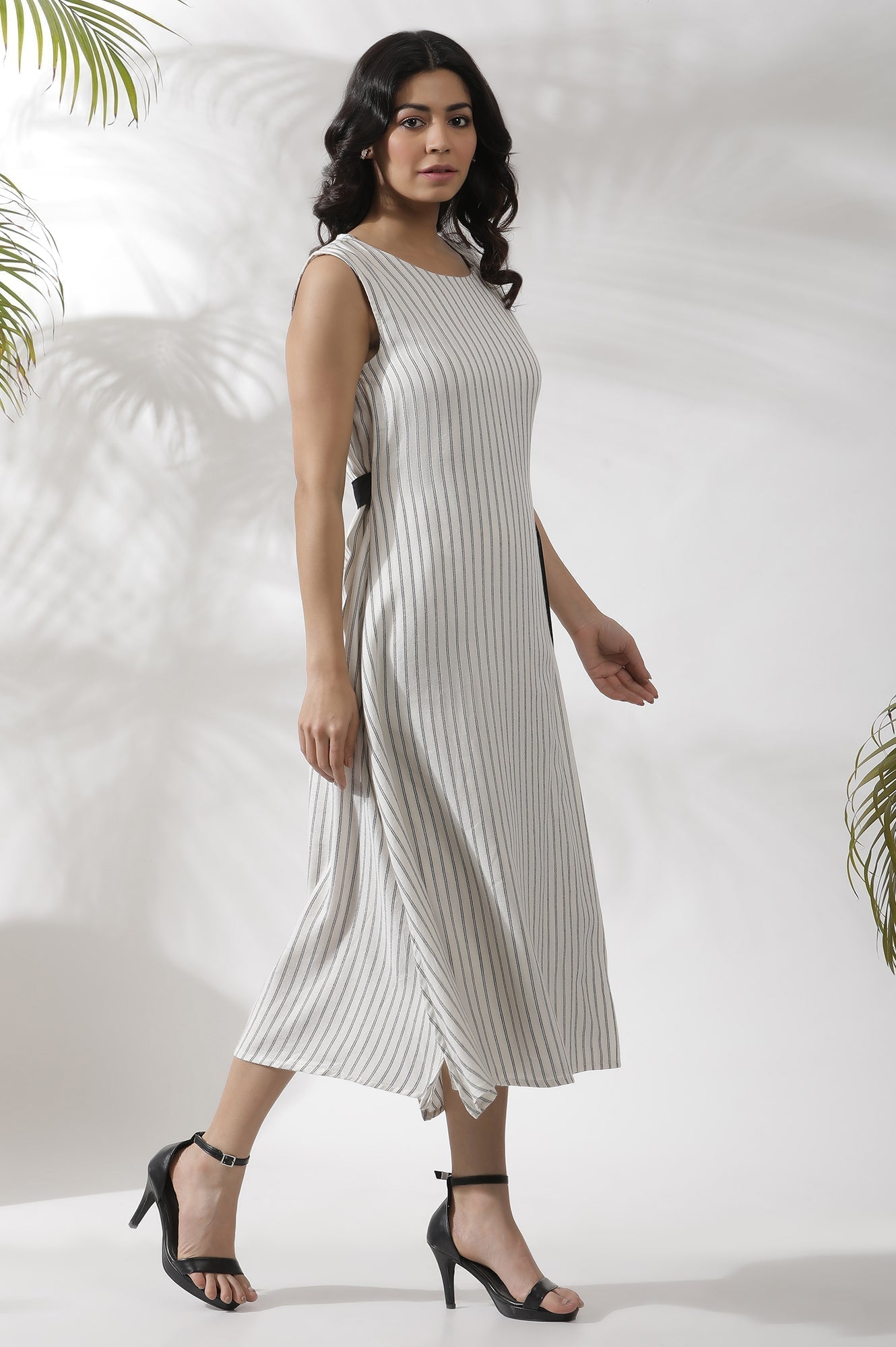 W for Woman White Sleeveless Long Stripe Printed Cotton Dress  Grab2Buy WforWoman Grab2Buy