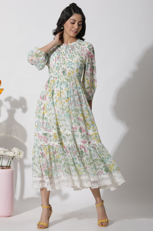 W for Woman White Floral Printed Chiffon Tiered Dress