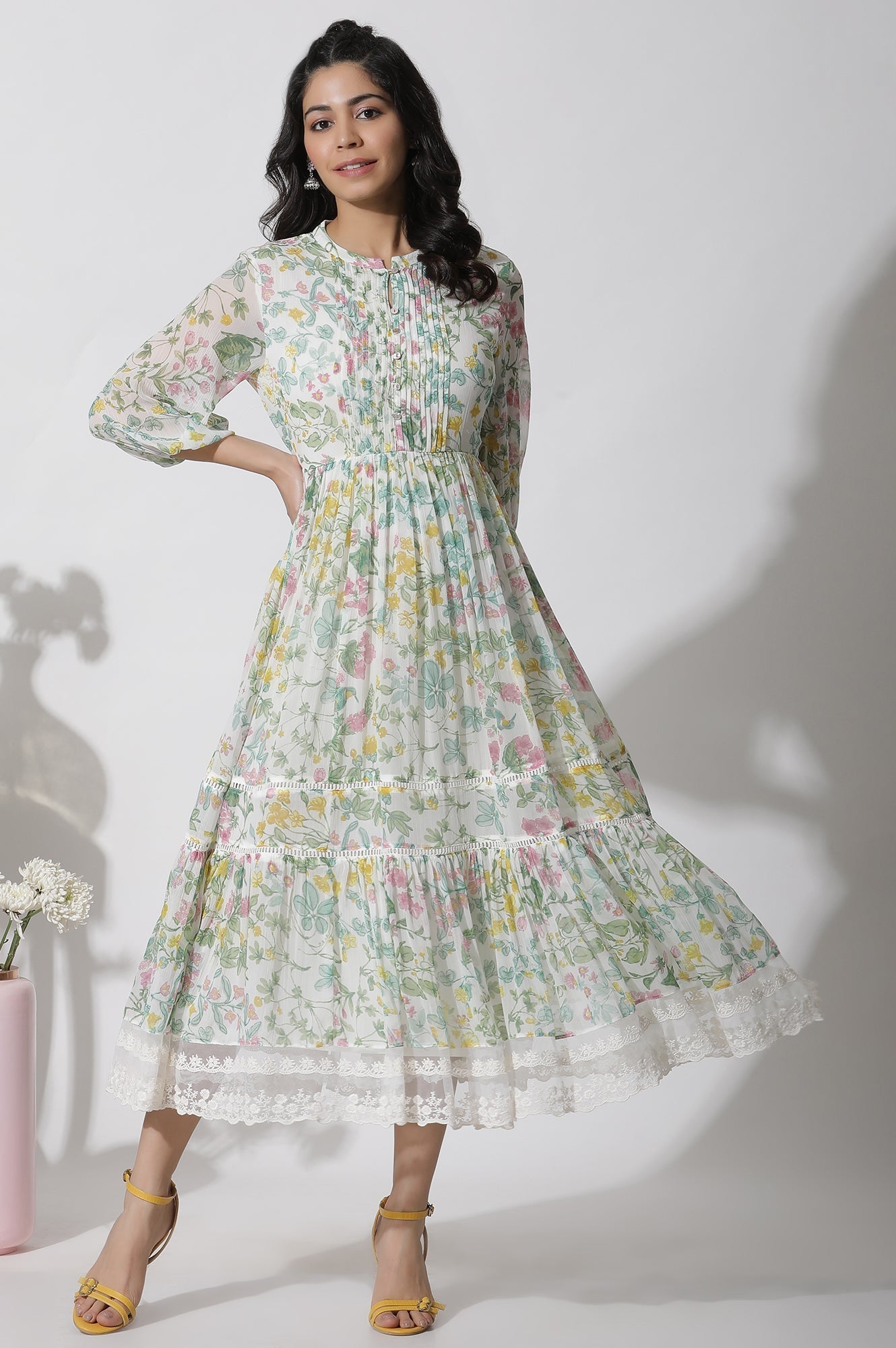 W for Woman White Floral Printed Chiffon Tiered Dress