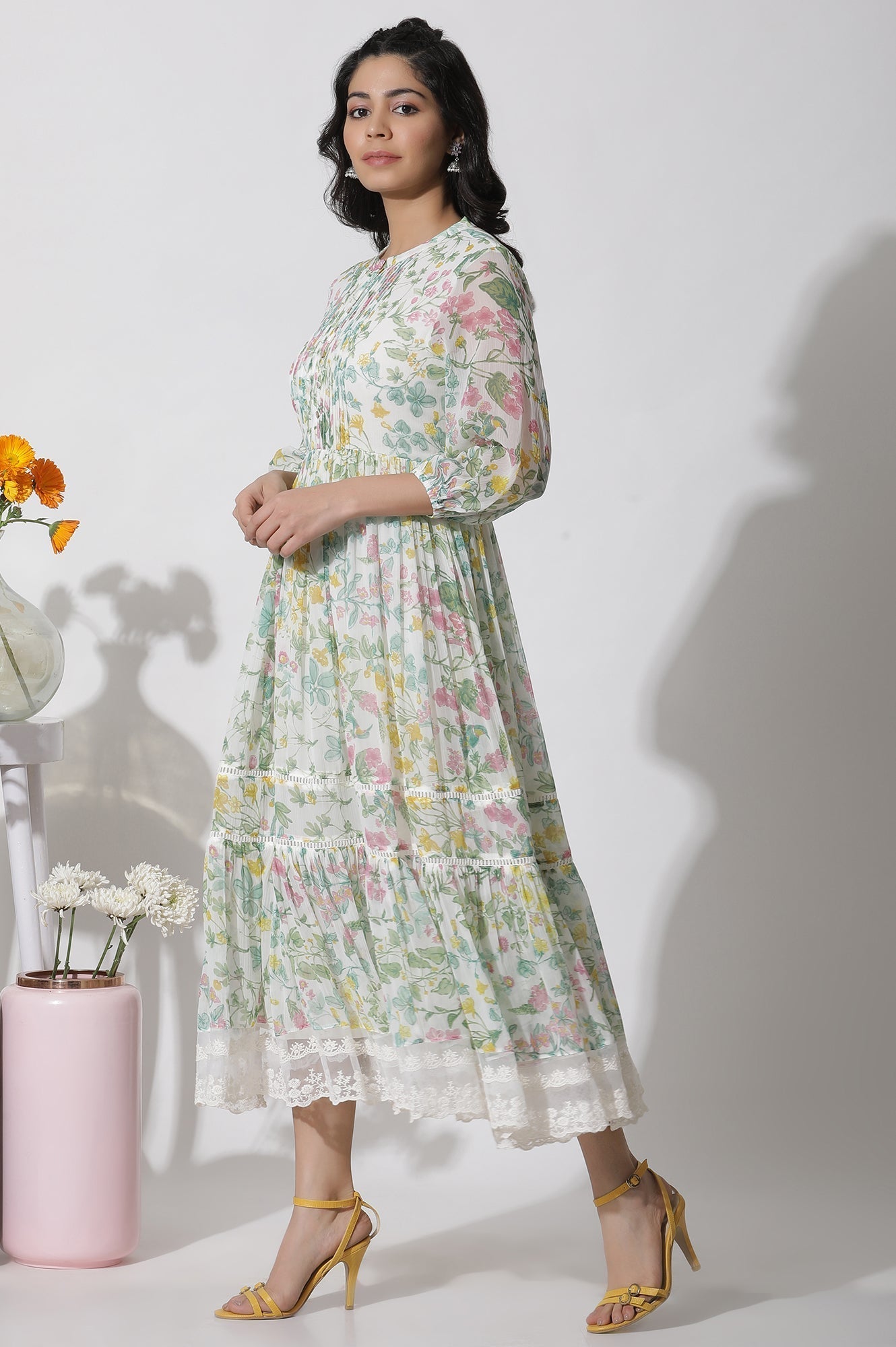 W for Woman White Floral Printed Chiffon Tiered Dress