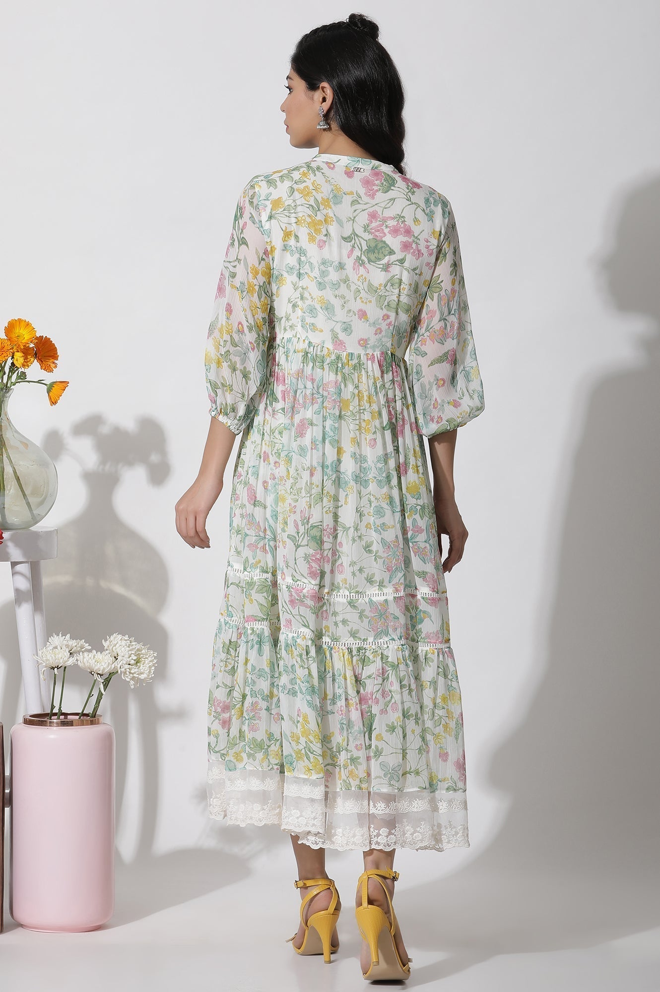 W for Woman White Floral Printed Chiffon Tiered Dress