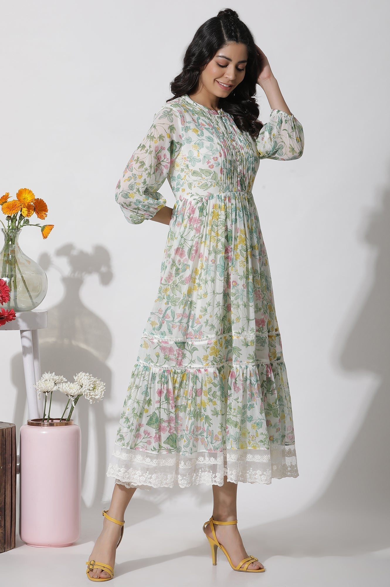 W for Woman White Floral Printed Chiffon Tiered Dress