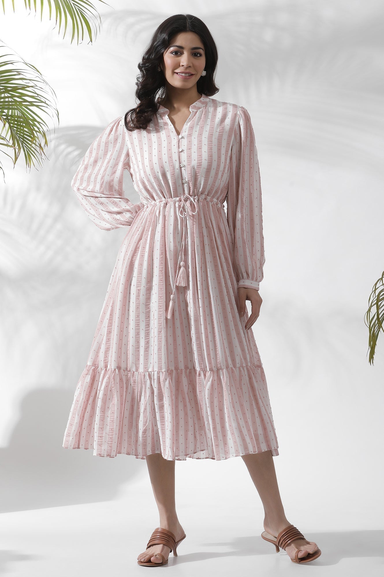 W for Woman White And Pink Striped Frill Dress  Grab2Buy WforWoman Grab2Buy