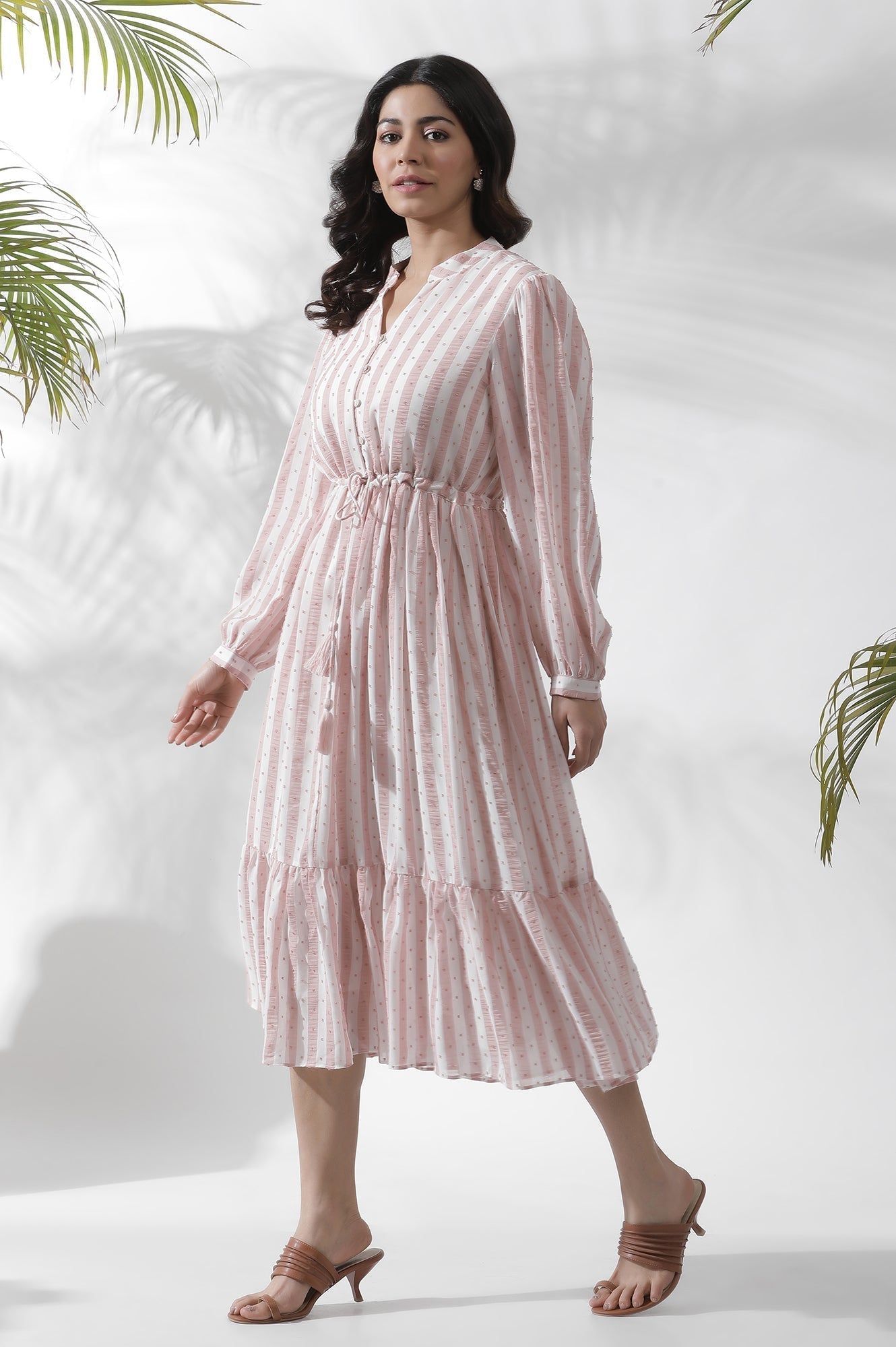 W for Woman White And Pink Striped Frill Dress  Grab2Buy WforWoman Grab2Buy