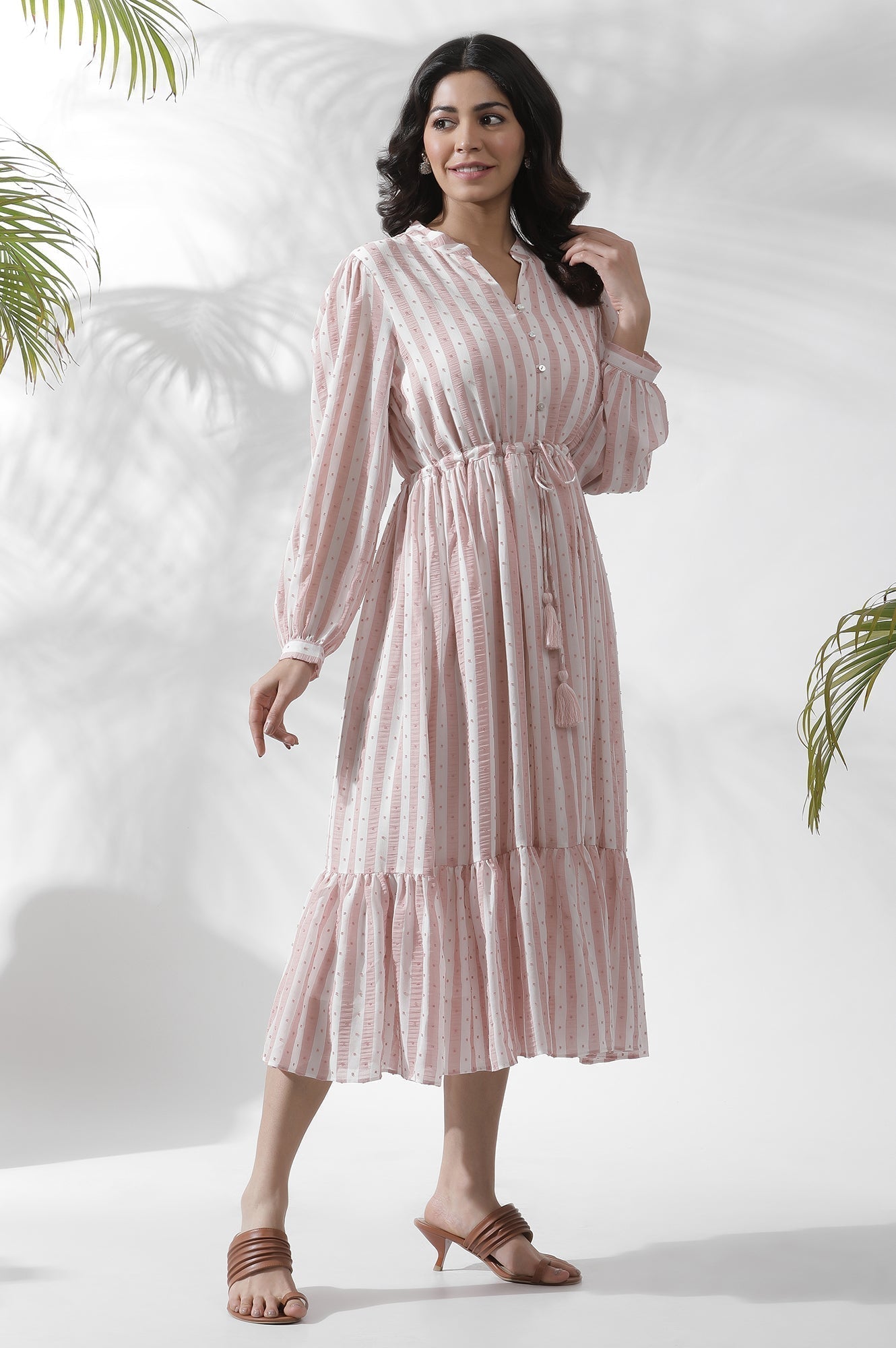 W for Woman White And Pink Striped Frill Dress  Grab2Buy WforWoman Grab2Buy