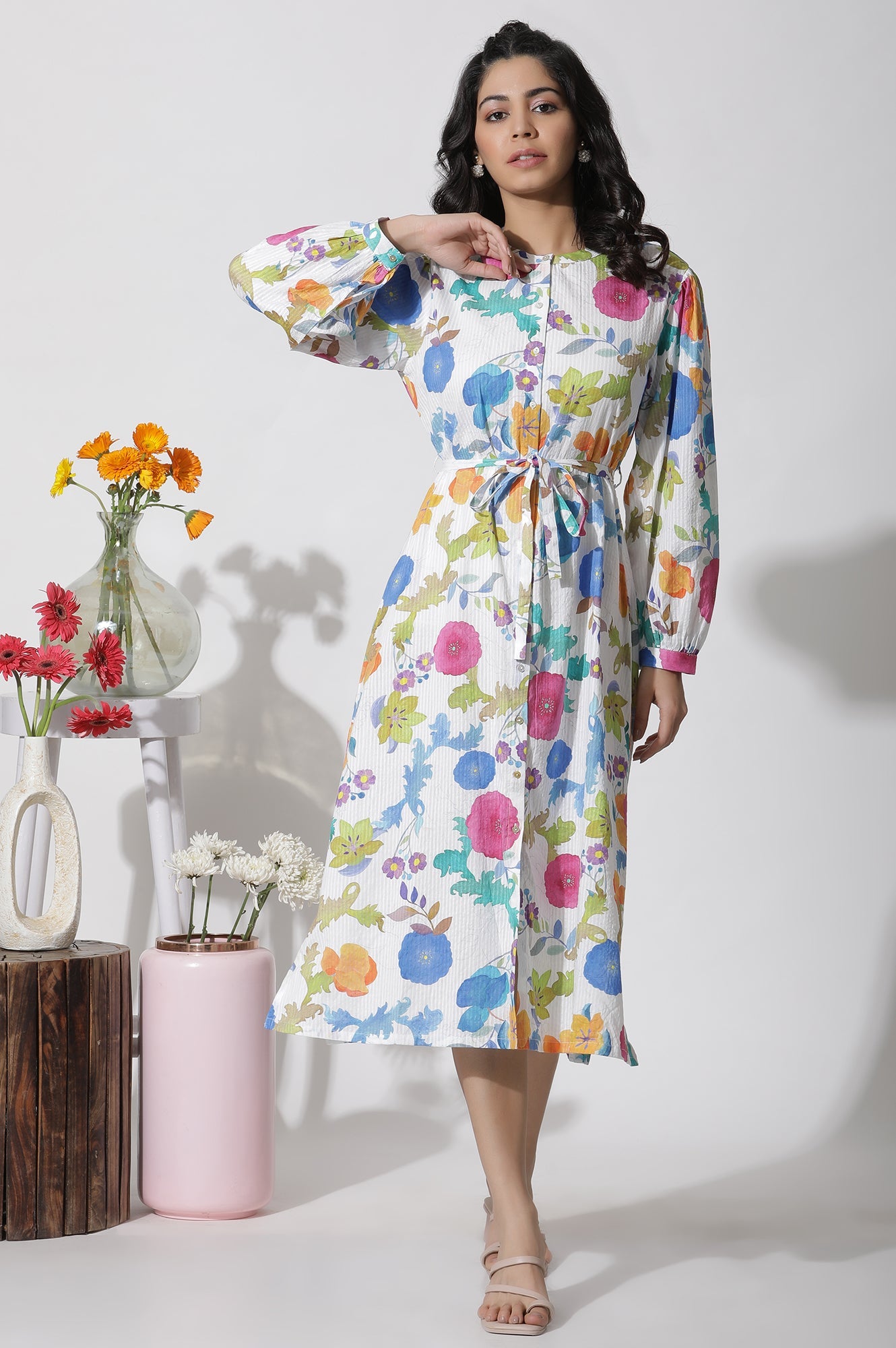 W for Woman White Floral Printed Cotton Shirt Dress  Grab2Buy WforWoman Grab2Buy