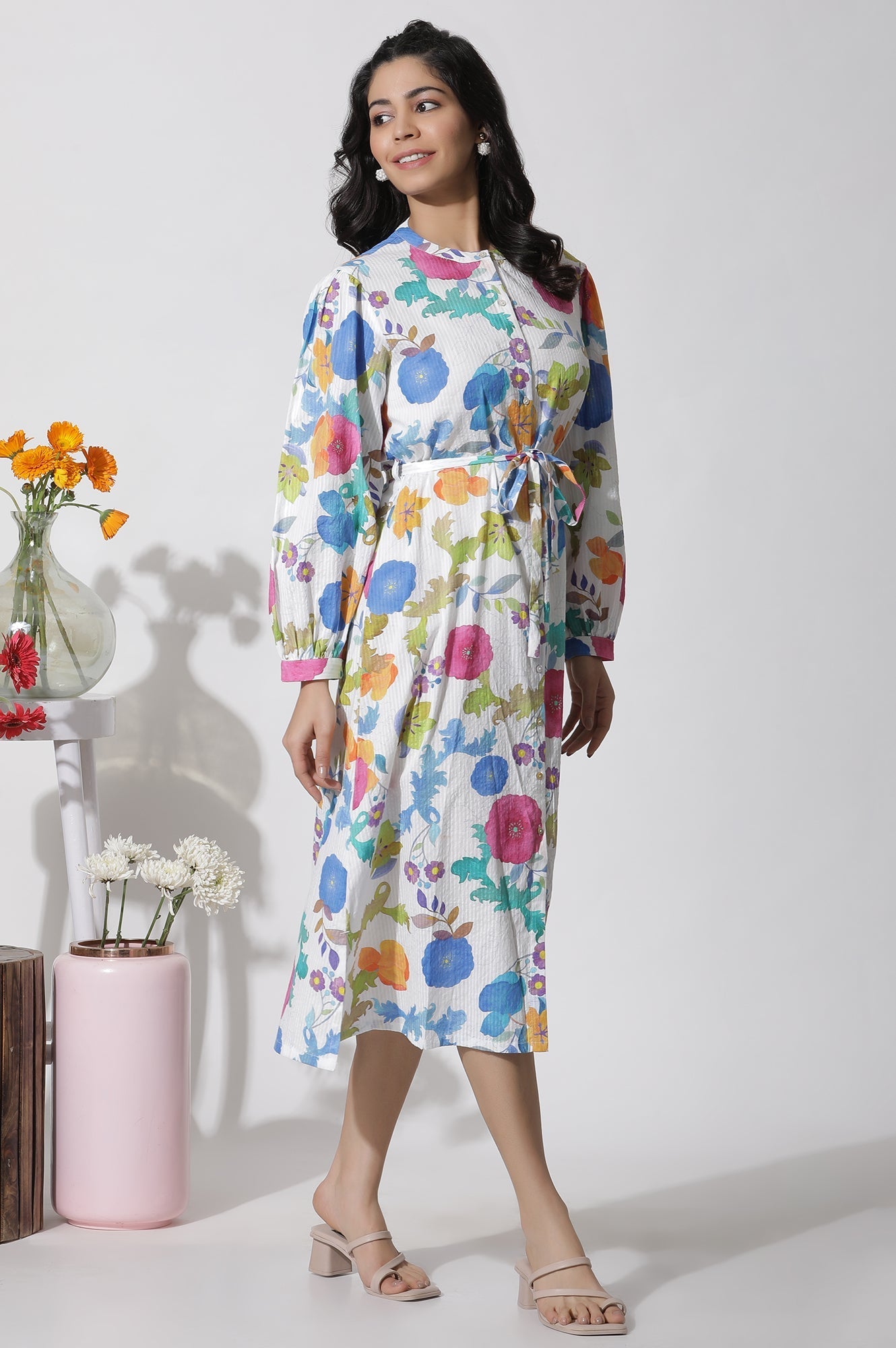 W for Woman White Floral Printed Cotton Shirt Dress  Grab2Buy WforWoman Grab2Buy