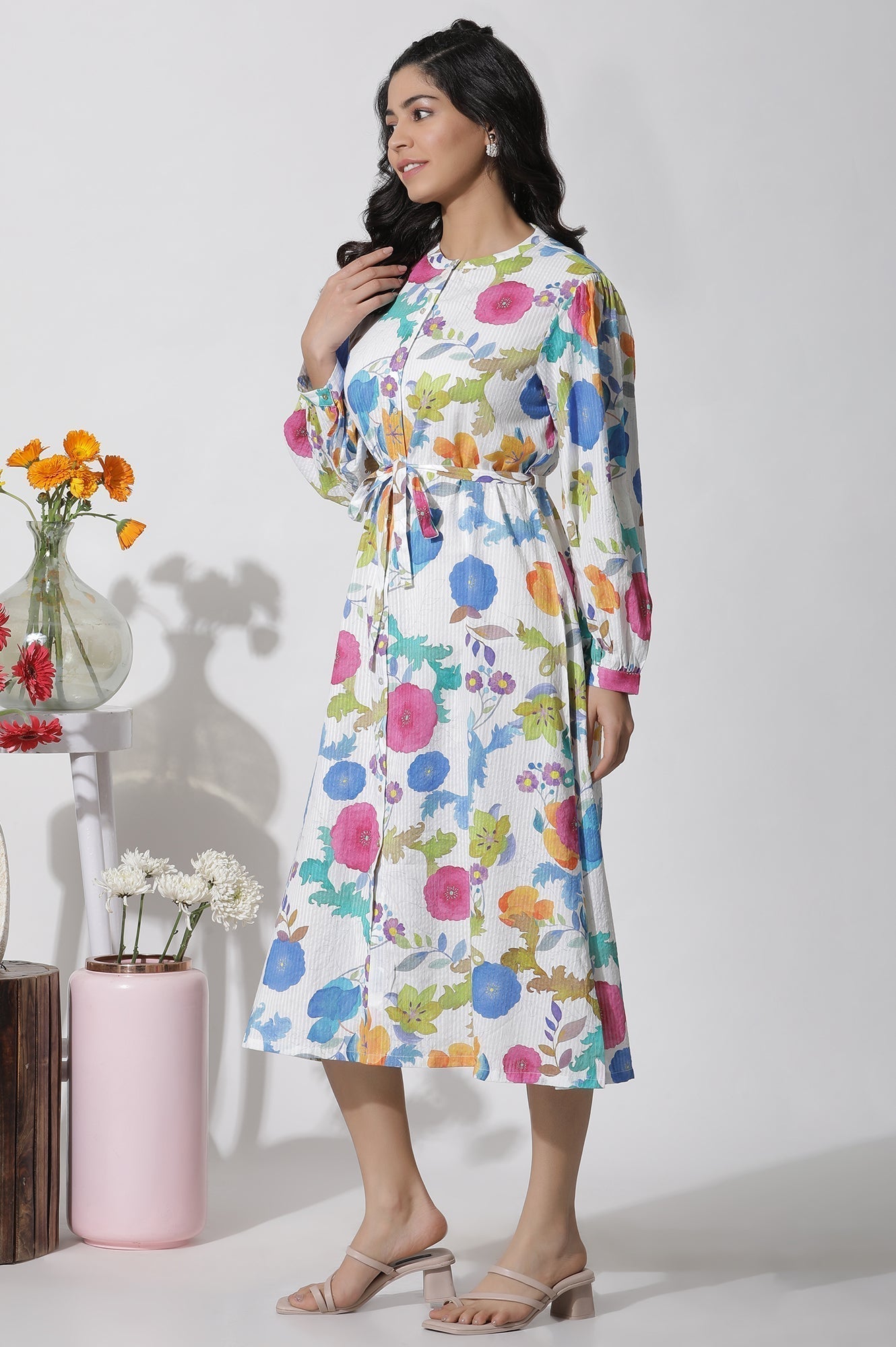 W for Woman White Floral Printed Cotton Shirt Dress  Grab2Buy WforWoman Grab2Buy