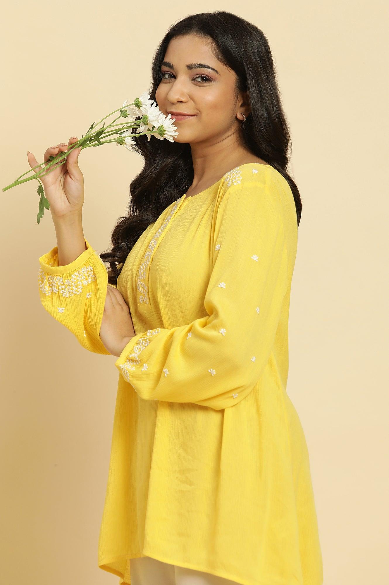 W for Woman Yellow Summer Top With White Floral Embroidery  Grab2Buy WforWoman Grab2Buy
