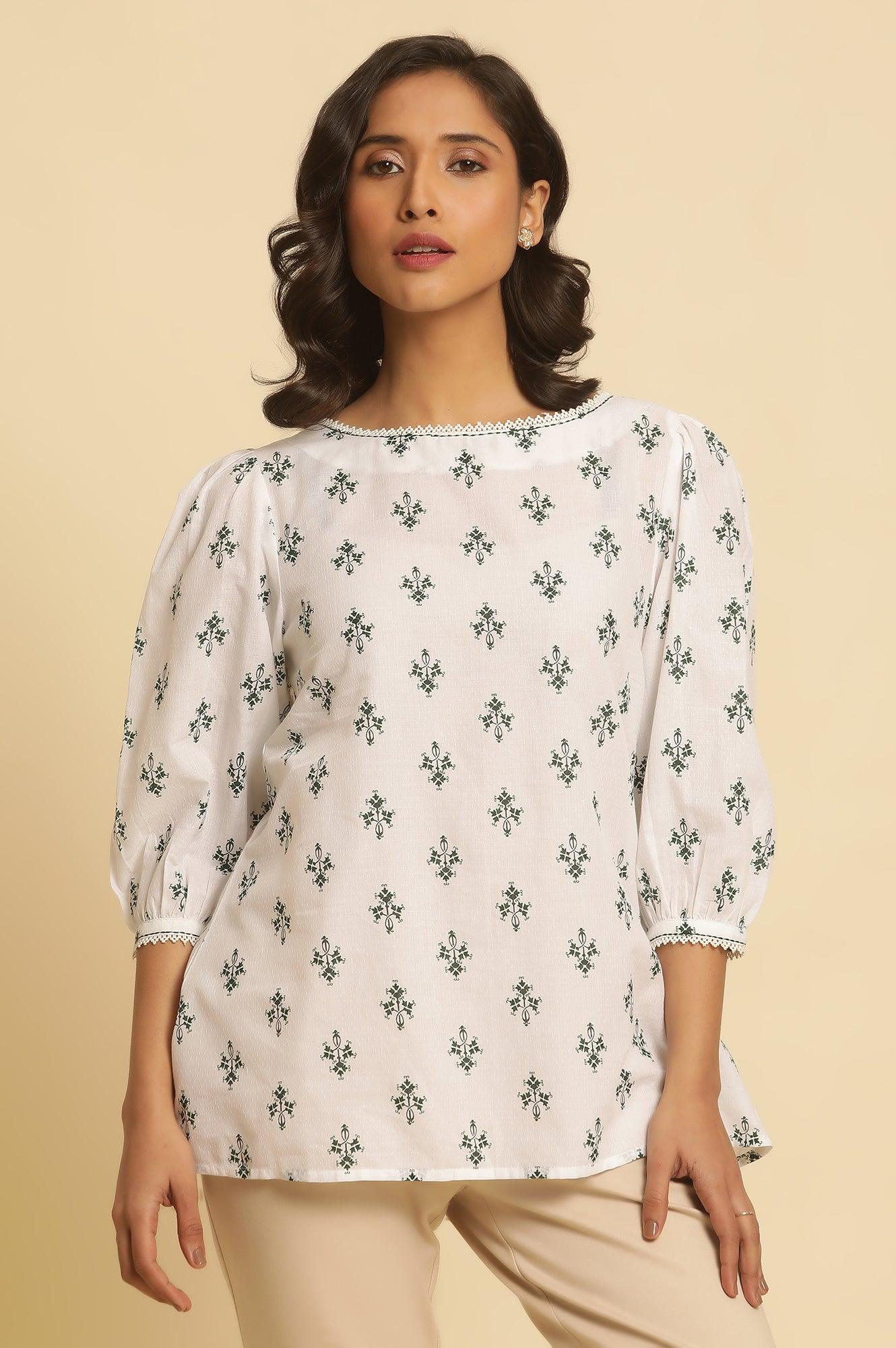 W for Woman White Printed Top Wit Lace And Puffed Sleeves  Grab2Buy WforWoman Grab2Buy