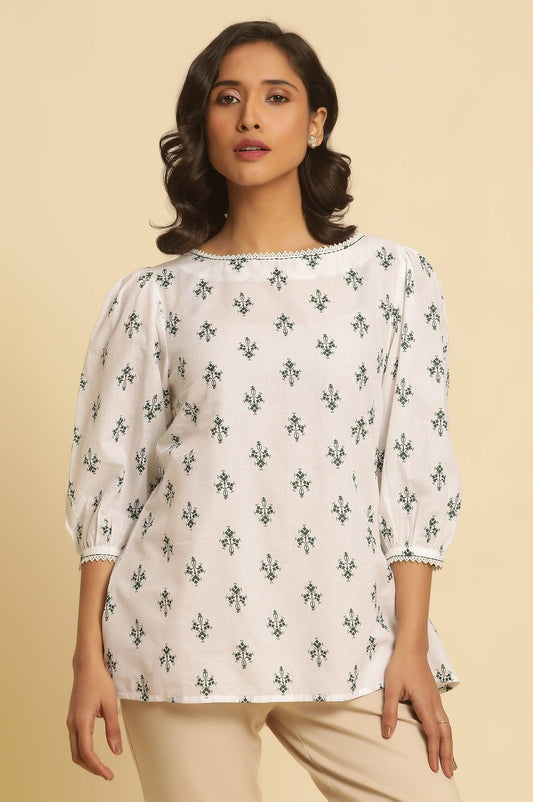 W for Woman White Printed Top Wit Lace And Puffed Sleeves  Grab2Buy WforWoman Grab2Buy