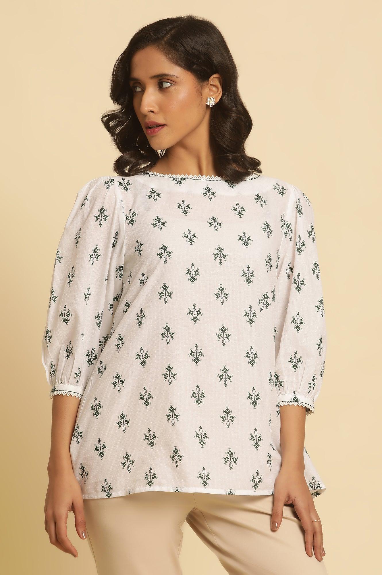 W for Woman White Printed Top Wit Lace And Puffed Sleeves  Grab2Buy WforWoman Grab2Buy