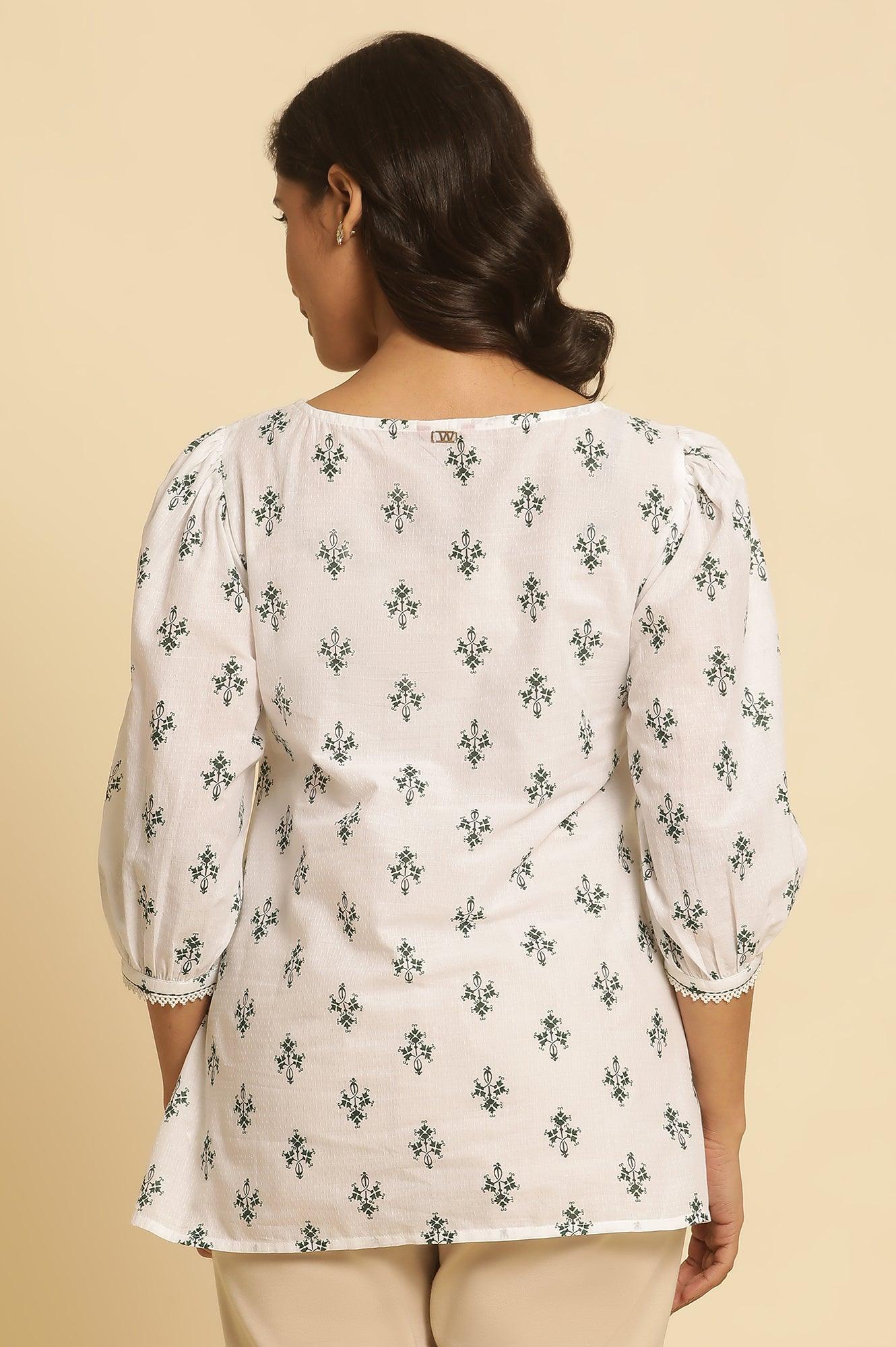W for Woman White Printed Top Wit Lace And Puffed Sleeves  Grab2Buy WforWoman Grab2Buy