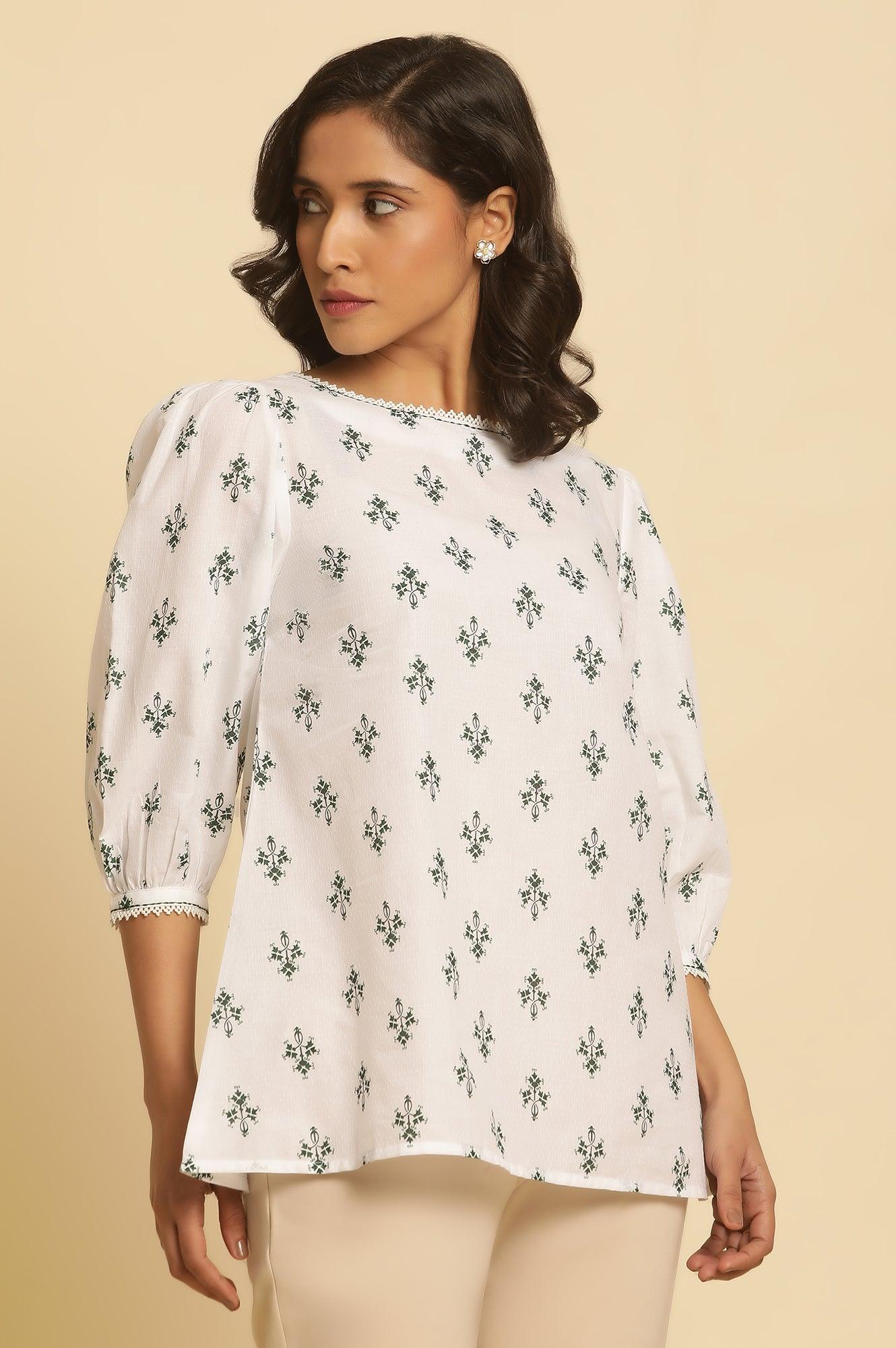 W for Woman White Printed Top Wit Lace And Puffed Sleeves  Grab2Buy WforWoman Grab2Buy