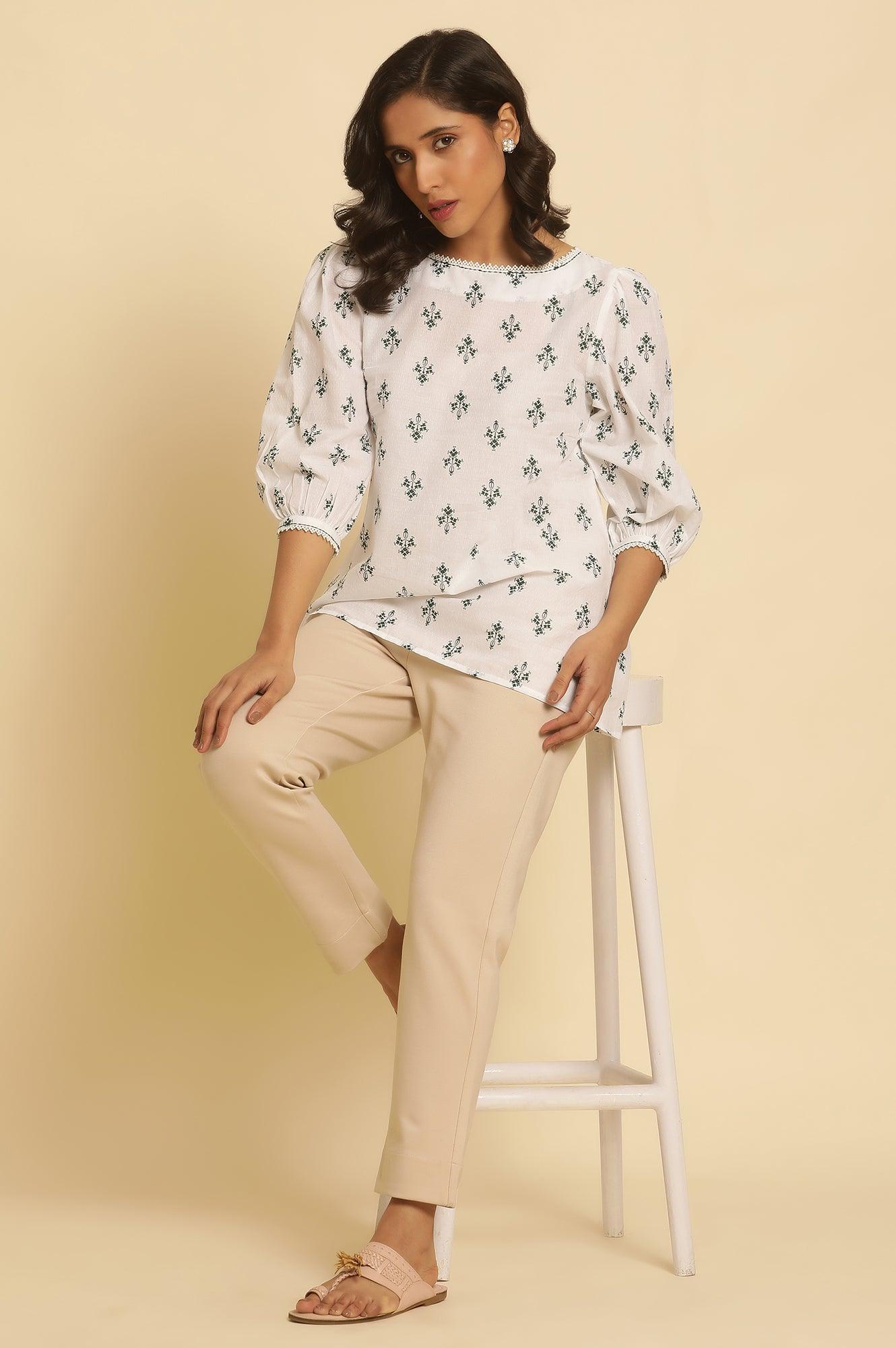W for Woman White Printed Top Wit Lace And Puffed Sleeves  Grab2Buy WforWoman Grab2Buy