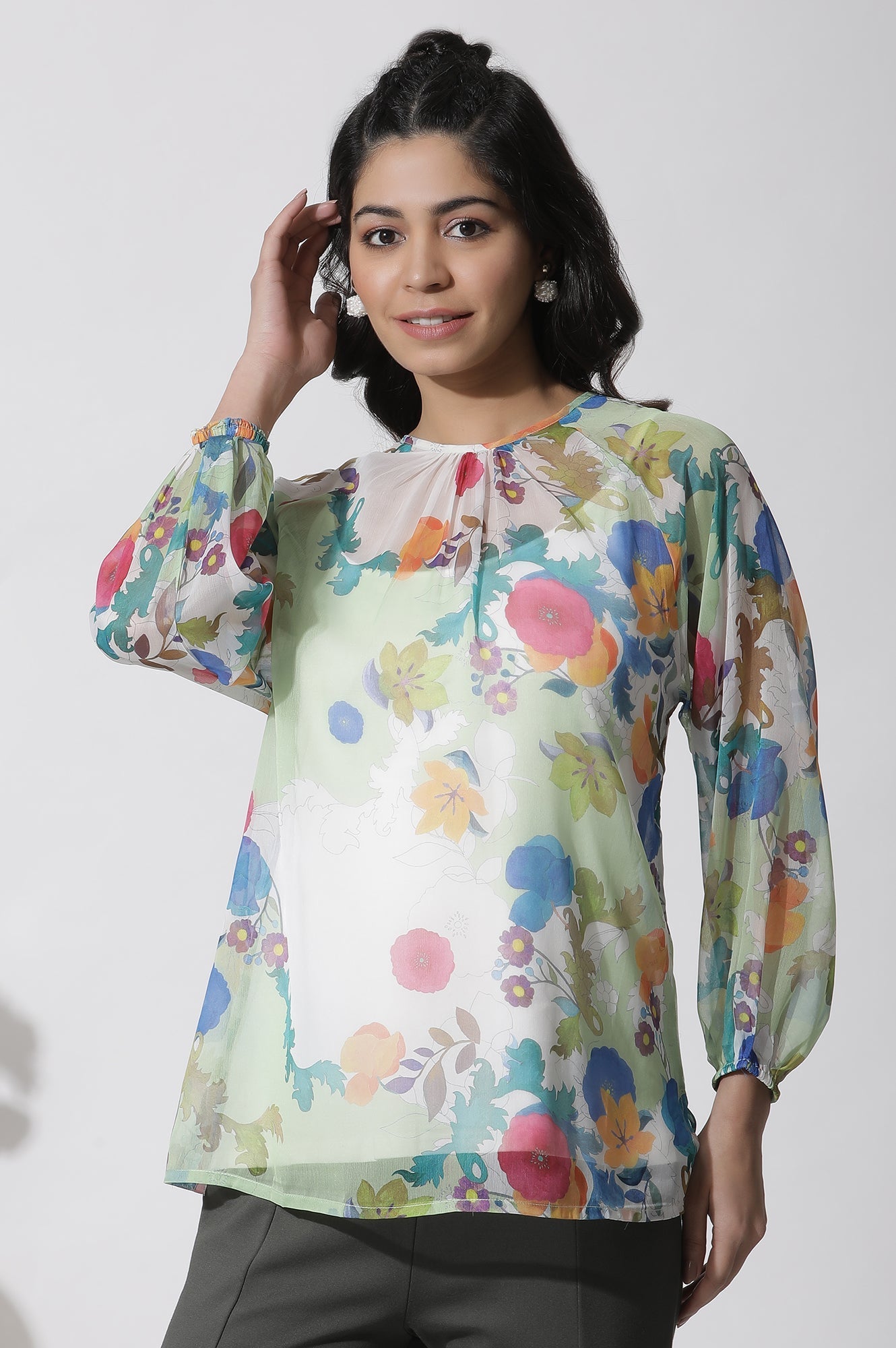 W for Woman Whote Floral Printed Chiffon Top  Grab2Buy WforWoman Grab2Buy
