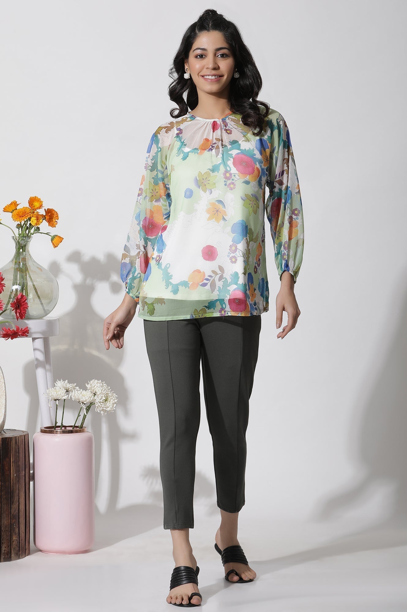 W for Woman Whote Floral Printed Chiffon Top  Grab2Buy WforWoman Grab2Buy
