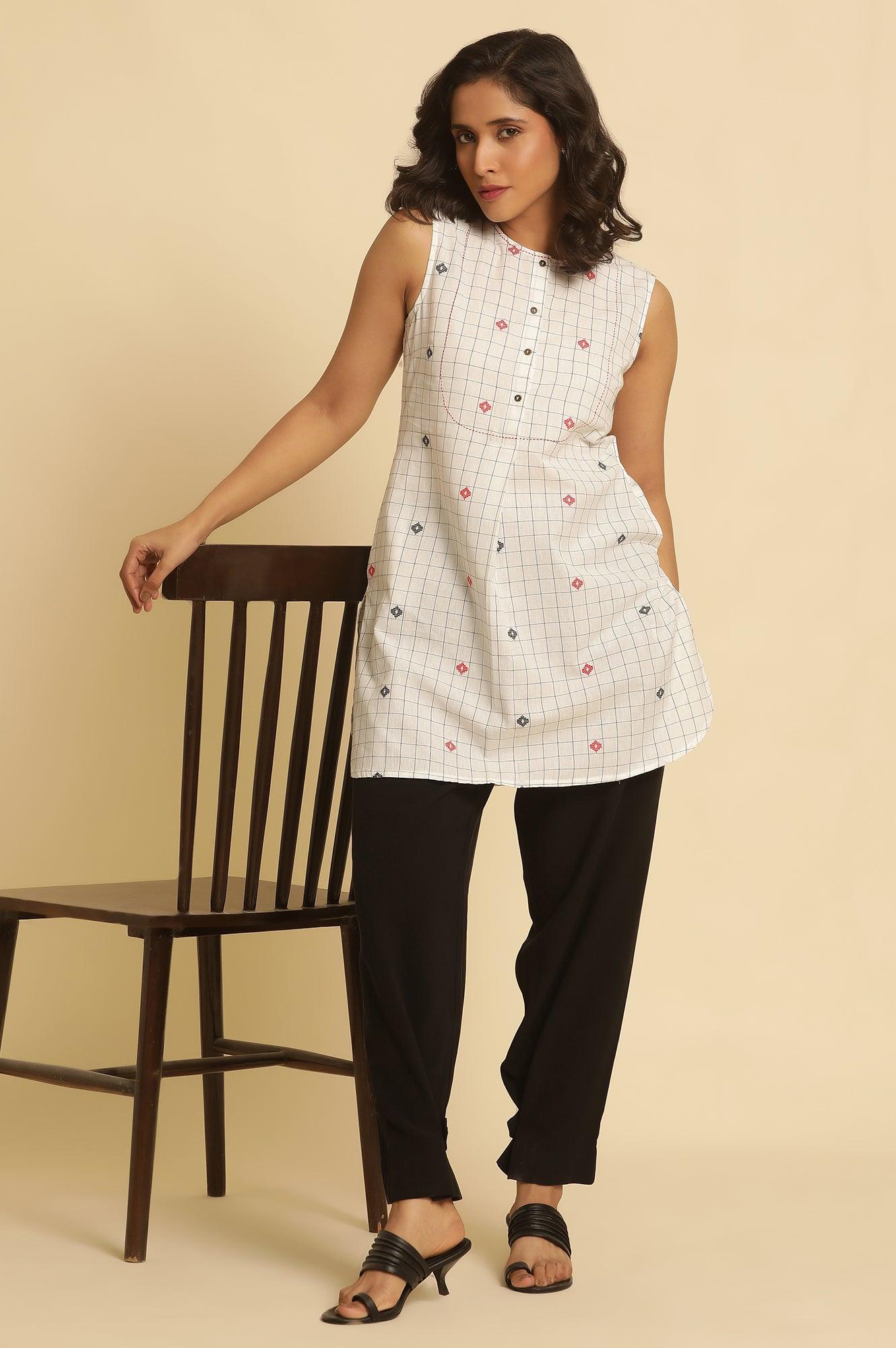 W for Woman White Checker Tunic With Curved Hemline  Grab2Buy WforWoman Grab2Buy