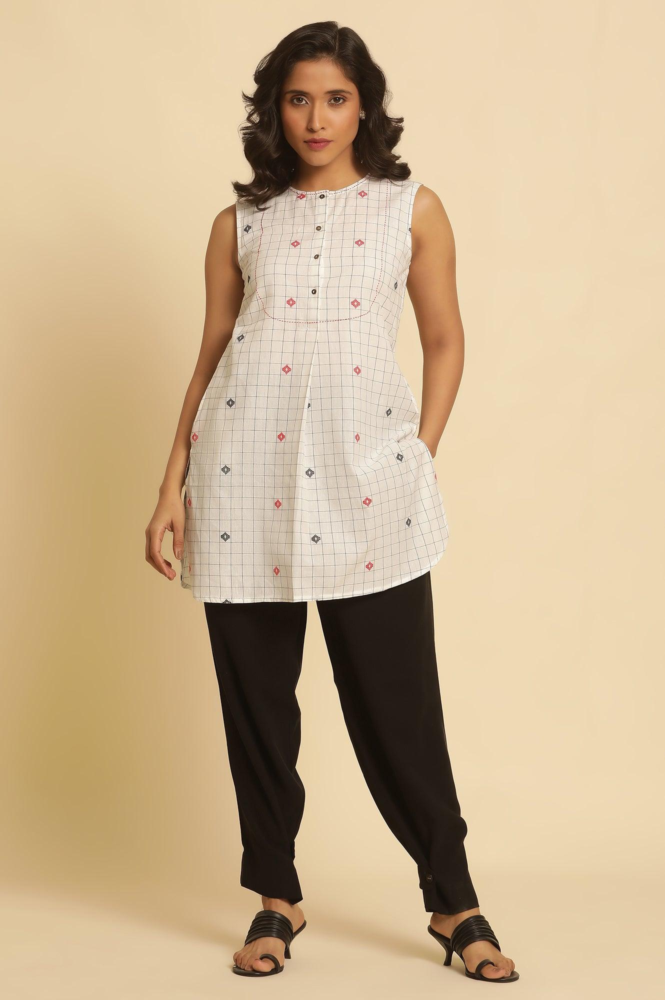 W for Woman White Checker Tunic With Curved Hemline  Grab2Buy WforWoman Grab2Buy