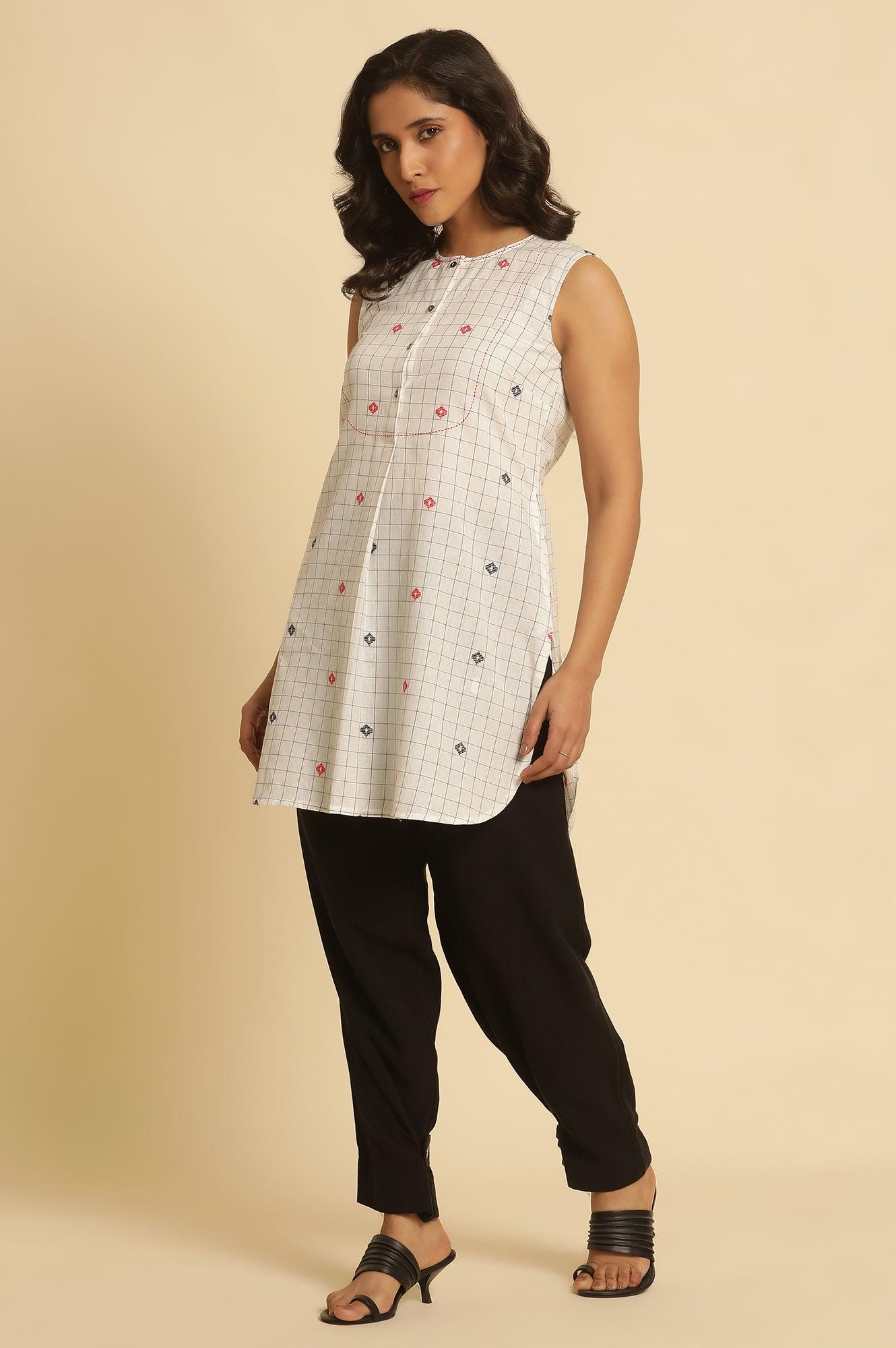 W for Woman White Checker Tunic With Curved Hemline  Grab2Buy WforWoman Grab2Buy