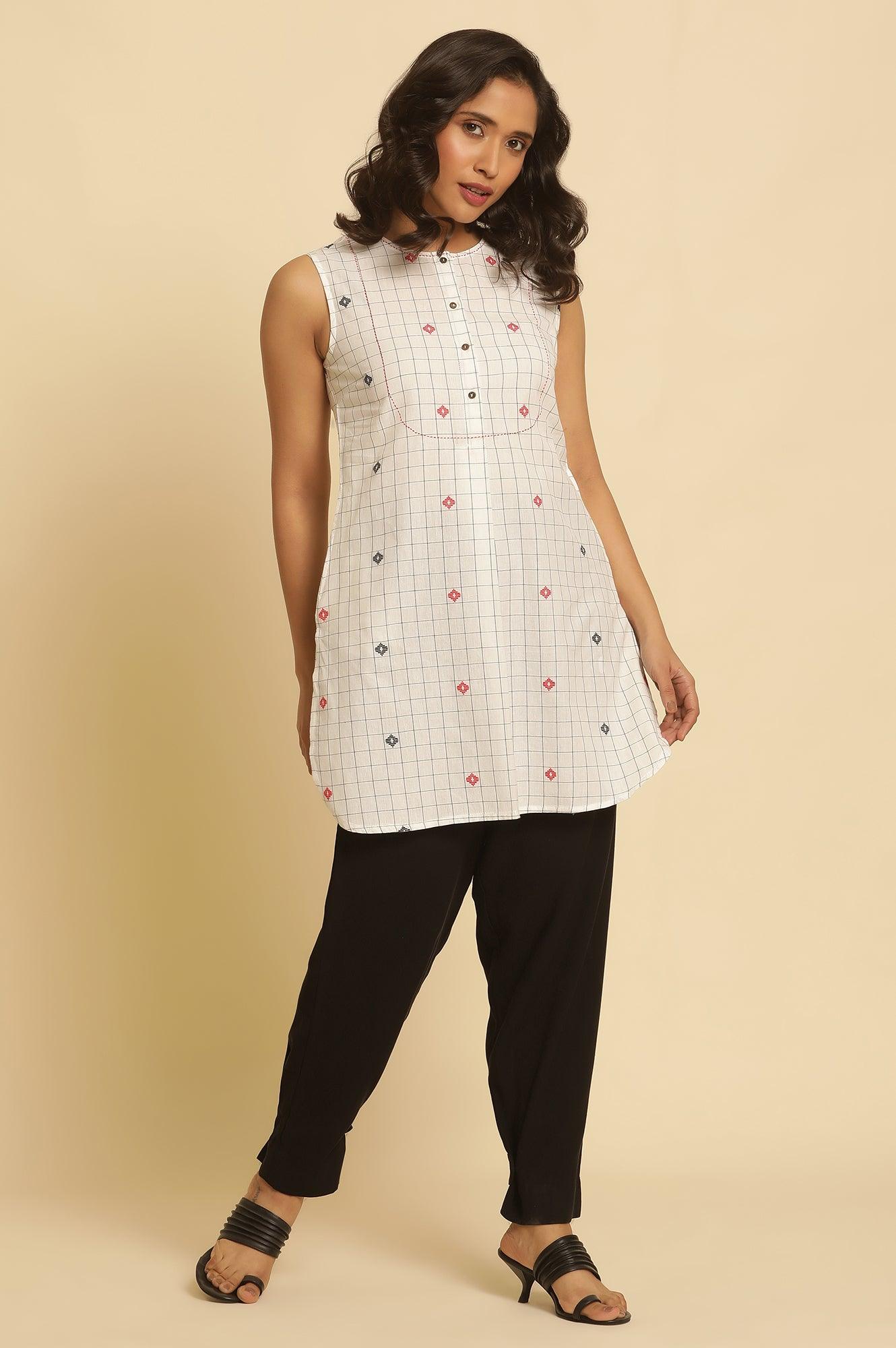 W for Woman White Checker Tunic With Curved Hemline  Grab2Buy WforWoman Grab2Buy