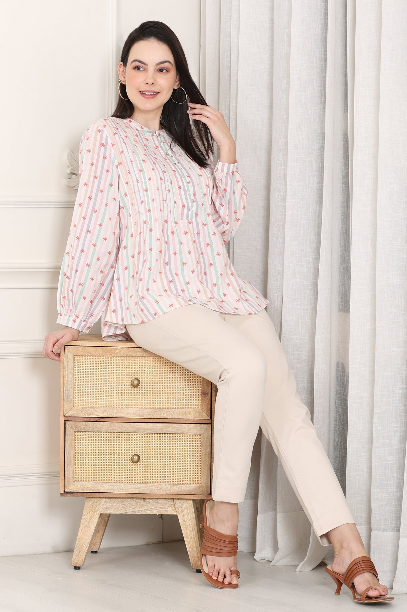 W for Woman White Pintuck Yoke Cotton Blend Embroidered Top With Stripes Print  Grab2Buy WforWoman Grab2Buy