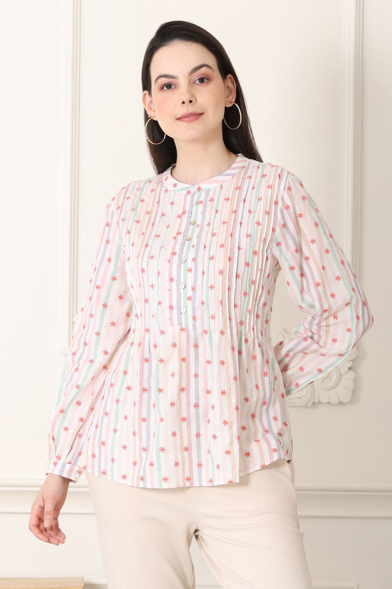 W for Woman White Pintuck Yoke Cotton Blend Embroidered Top With Stripes Print  Grab2Buy WforWoman Grab2Buy