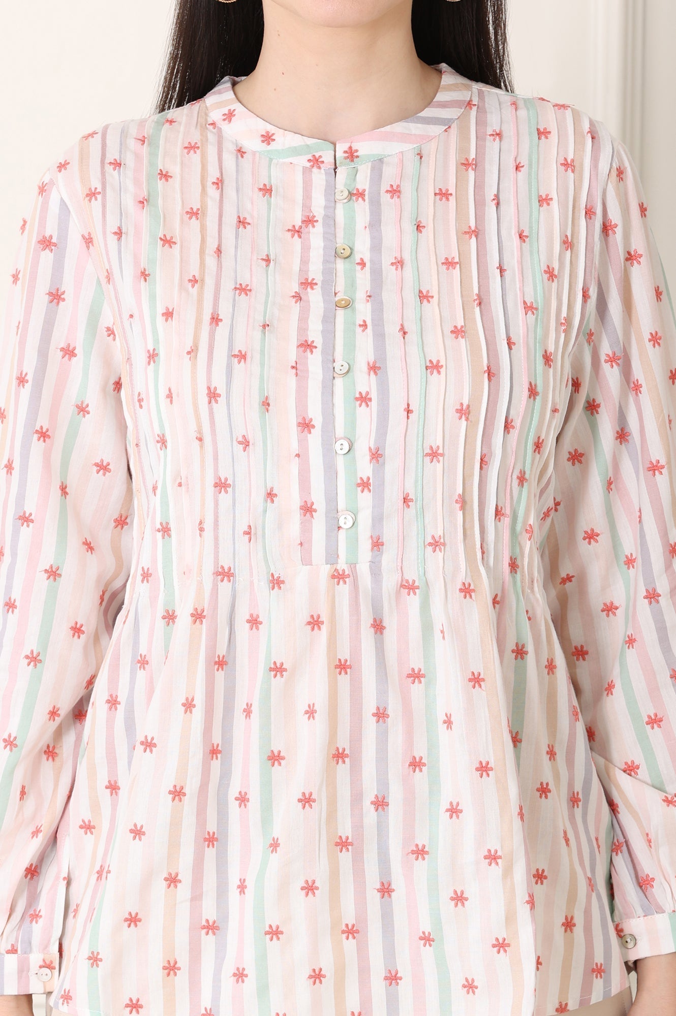 W for Woman White Pintuck Yoke Cotton Blend Embroidered Top With Stripes Print  Grab2Buy WforWoman Grab2Buy