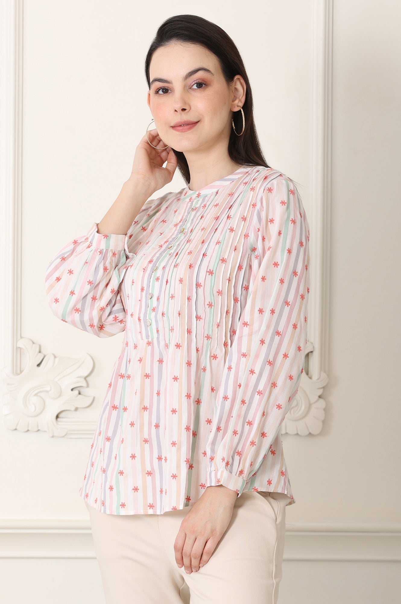 W for Woman White Pintuck Yoke Cotton Blend Embroidered Top With Stripes Print  Grab2Buy WforWoman Grab2Buy