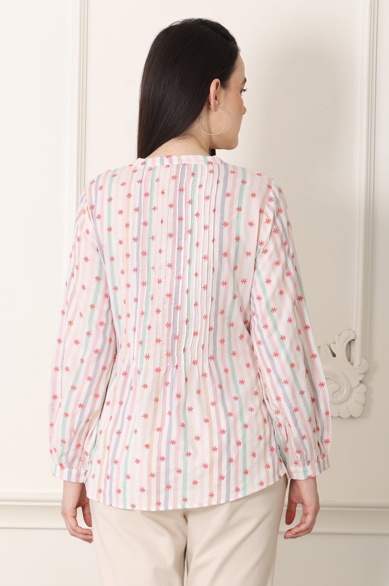 W for Woman White Pintuck Yoke Cotton Blend Embroidered Top With Stripes Print  Grab2Buy WforWoman Grab2Buy