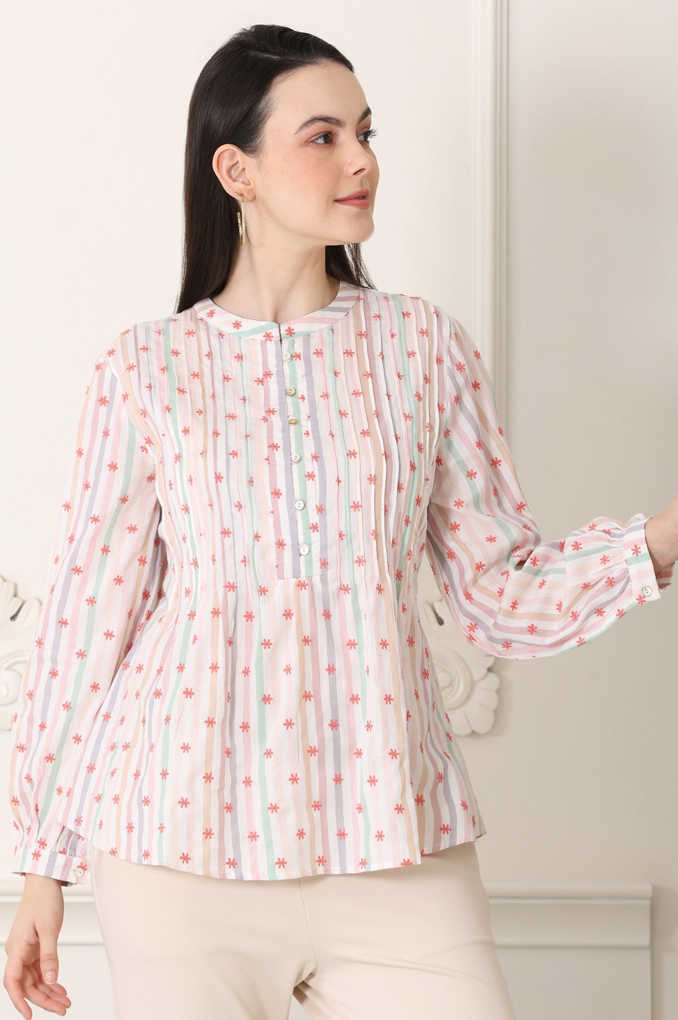W for Woman White Pintuck Yoke Cotton Blend Embroidered Top With Stripes Print  Grab2Buy WforWoman Grab2Buy