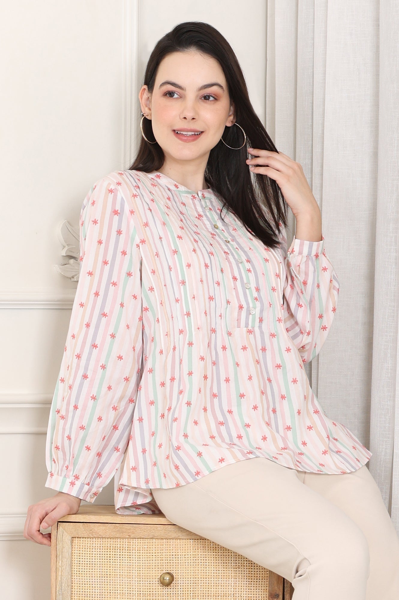 W for Woman White Pintuck Yoke Cotton Blend Embroidered Top With Stripes Print  Grab2Buy WforWoman Grab2Buy