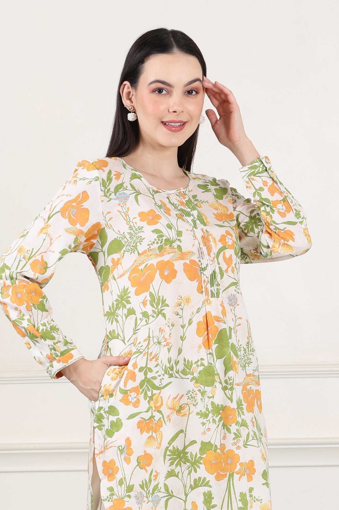 W for Woman White Floral Printed Rayon Tunic With Pintuck Placket  Grab2Buy WforWoman Grab2Buy