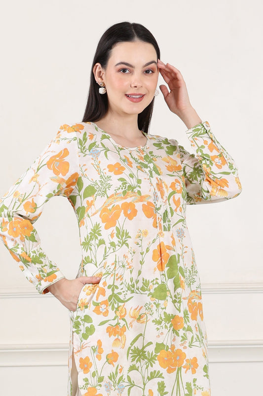 W for Woman White Floral Printed Rayon Tunic With Pintuck Placket  Grab2Buy WforWoman Grab2Buy