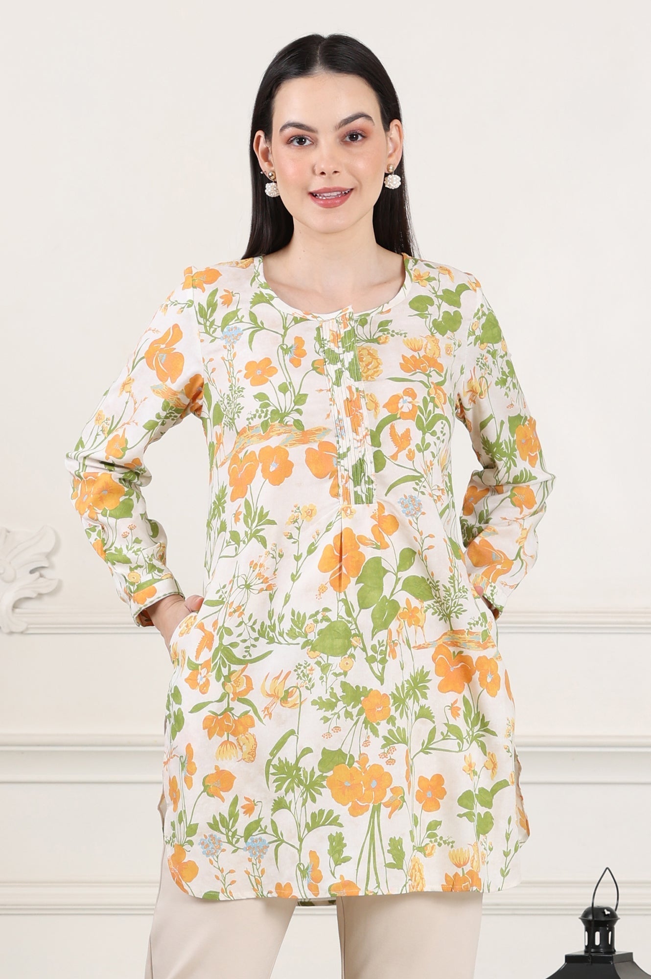 W for Woman White Floral Printed Rayon Tunic With Pintuck Placket  Grab2Buy WforWoman Grab2Buy