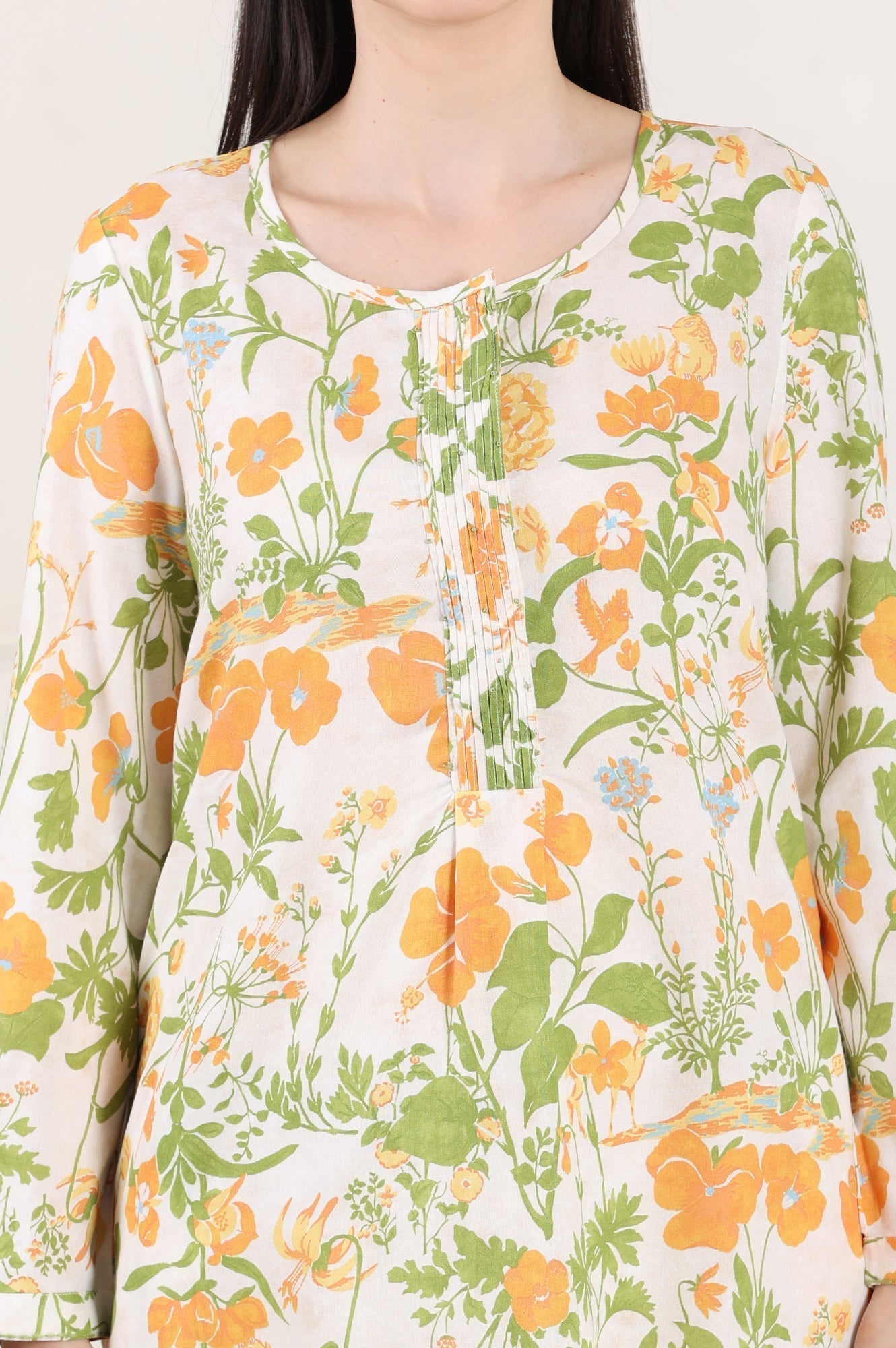 W for Woman White Floral Printed Rayon Tunic With Pintuck Placket  Grab2Buy WforWoman Grab2Buy