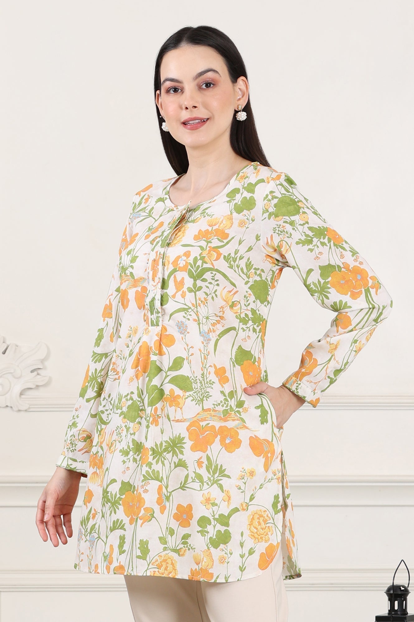 W for Woman White Floral Printed Rayon Tunic With Pintuck Placket  Grab2Buy WforWoman Grab2Buy