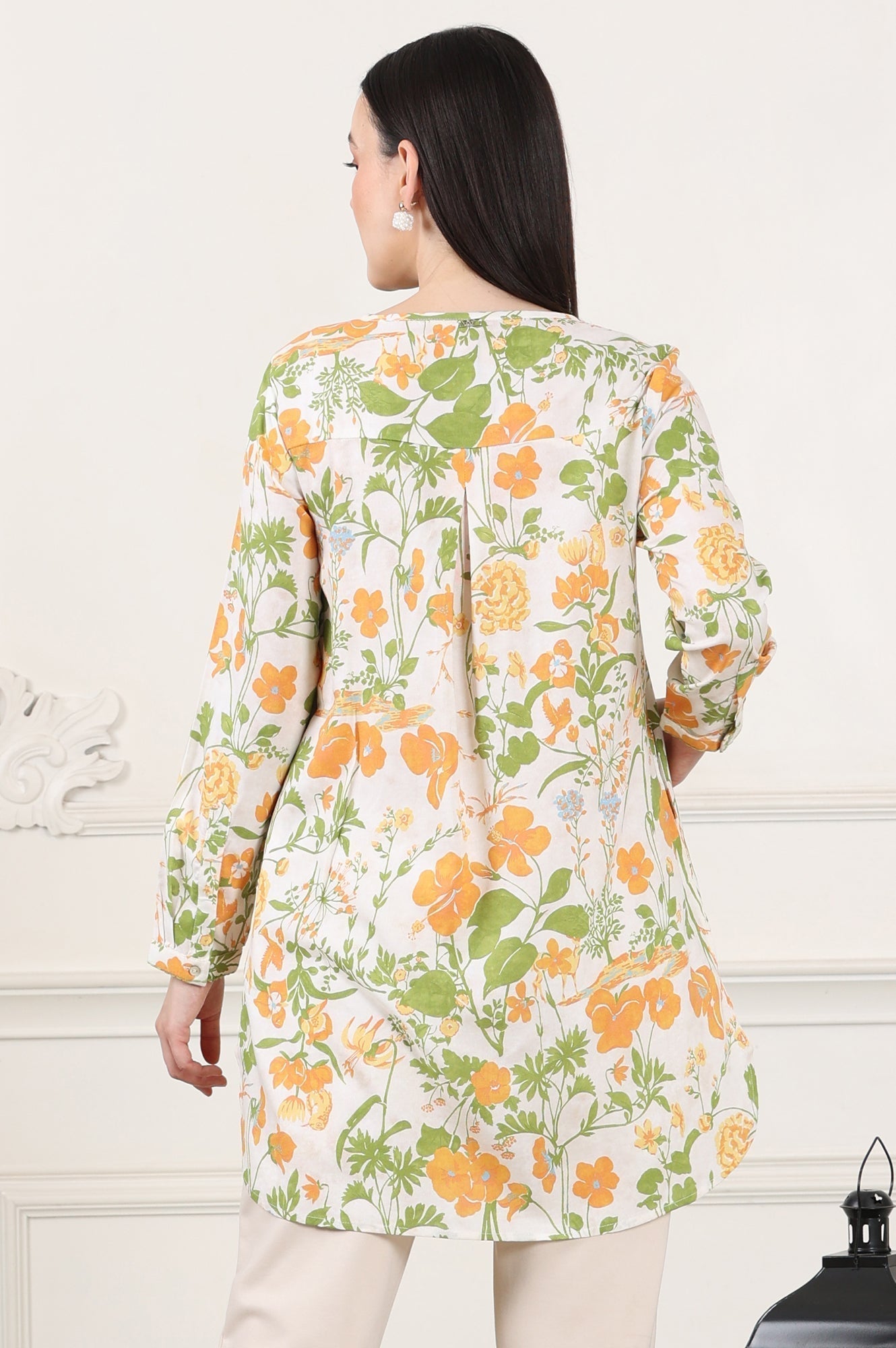 W for Woman White Floral Printed Rayon Tunic With Pintuck Placket  Grab2Buy WforWoman Grab2Buy
