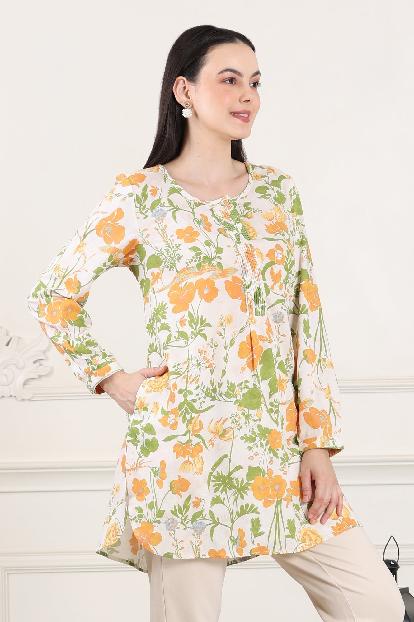W for Woman White Floral Printed Rayon Tunic With Pintuck Placket  Grab2Buy WforWoman Grab2Buy